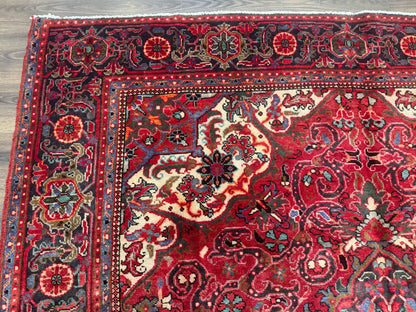 Persian Heriz Rug 7x10, Red and Navy, Geometric Medallion, Vintage Wool Carpet - Nuvé
