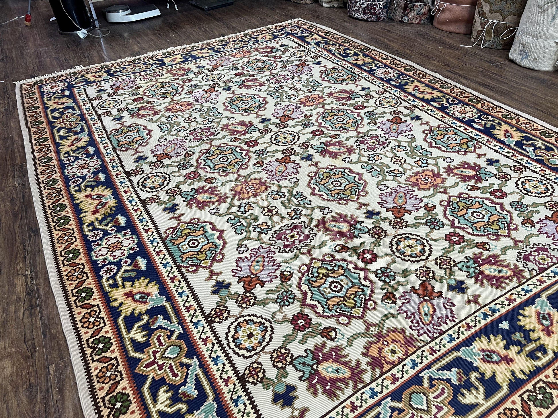 Antique Turkish Kilim Rug 7x10 Allover Pattern, Ivory Cream Maroon Light Blue, Wool Flatweave Hand Woven, Large Kilim, Vintage Kilim Carpet - Nuvé
