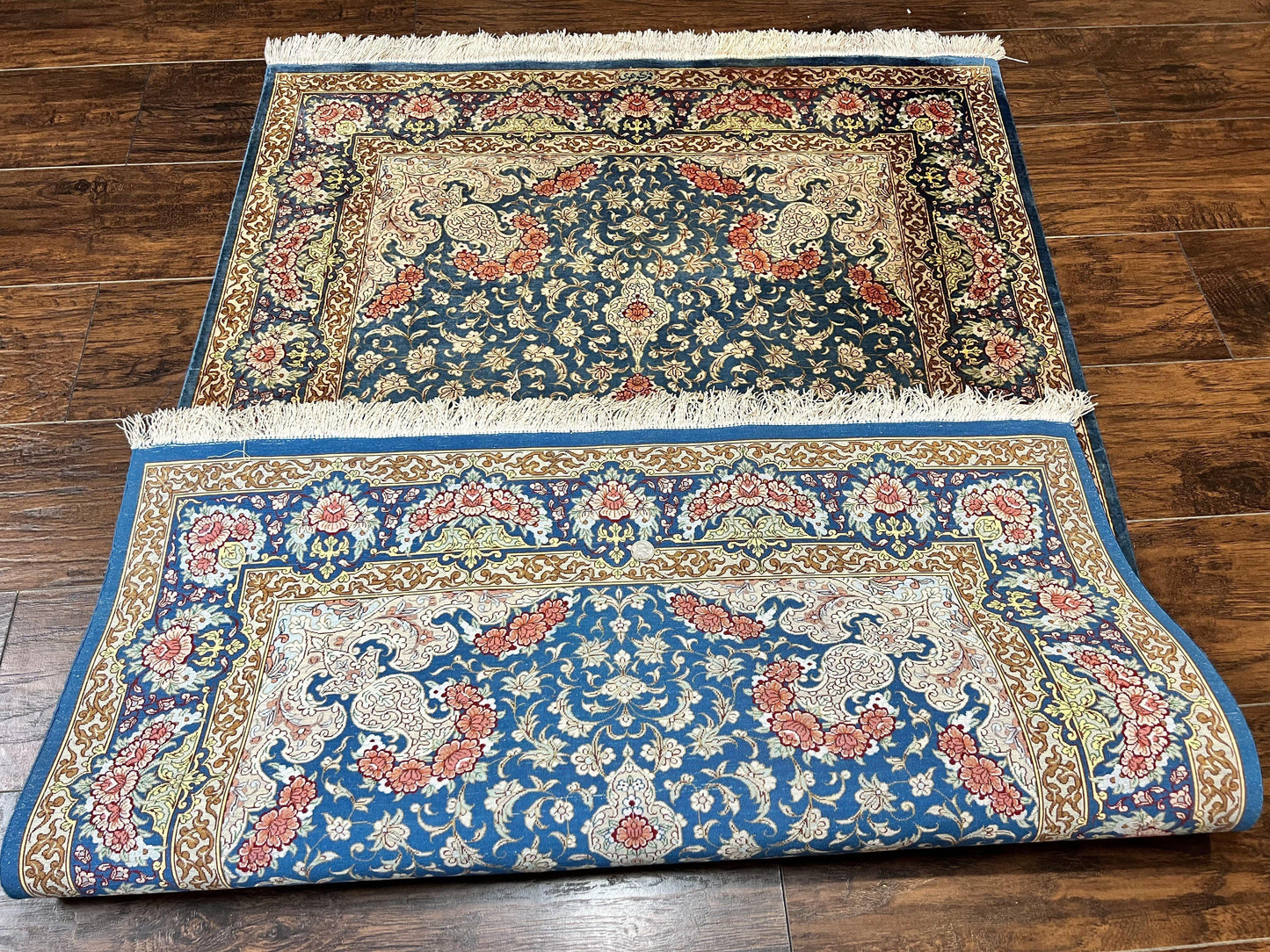Magnificent Persian Qum Silk Rug 3x5, Blue, Super Fine 675 KPSI - 70 Raj, Floral Roses, Handmade Vintage Silk Carpet, Masterpiece - Nuvé