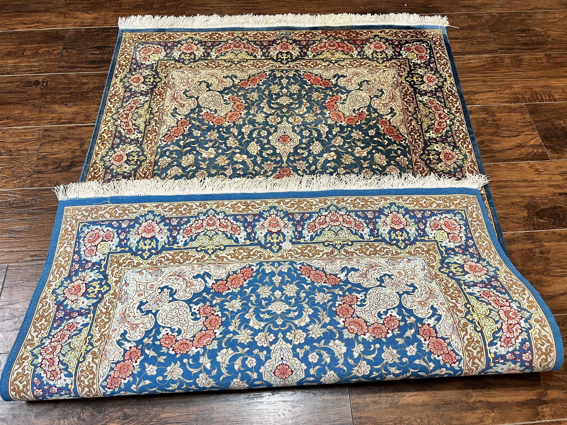 Magnificent Persian Qum Silk Rug 3x5, Blue, Super Fine 675 KPSI - 70 Raj, Floral Roses, Handmade Vintage Silk Carpet, Masterpiece - Nuvé