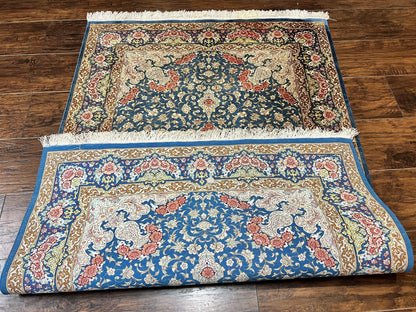 Magnificent Persian Qum Silk Rug 3x5, Blue, Super Fine 675 KPSI - 70 Raj, Floral Roses, Handmade Vintage Silk Carpet, Masterpiece - Nuvé