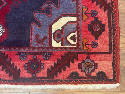 Persian Karajeh Runner Rug 3.6 x 9.5, Geometric Medallions, Tribal Village Rug, Navy Blue, Handmade - Nuvé