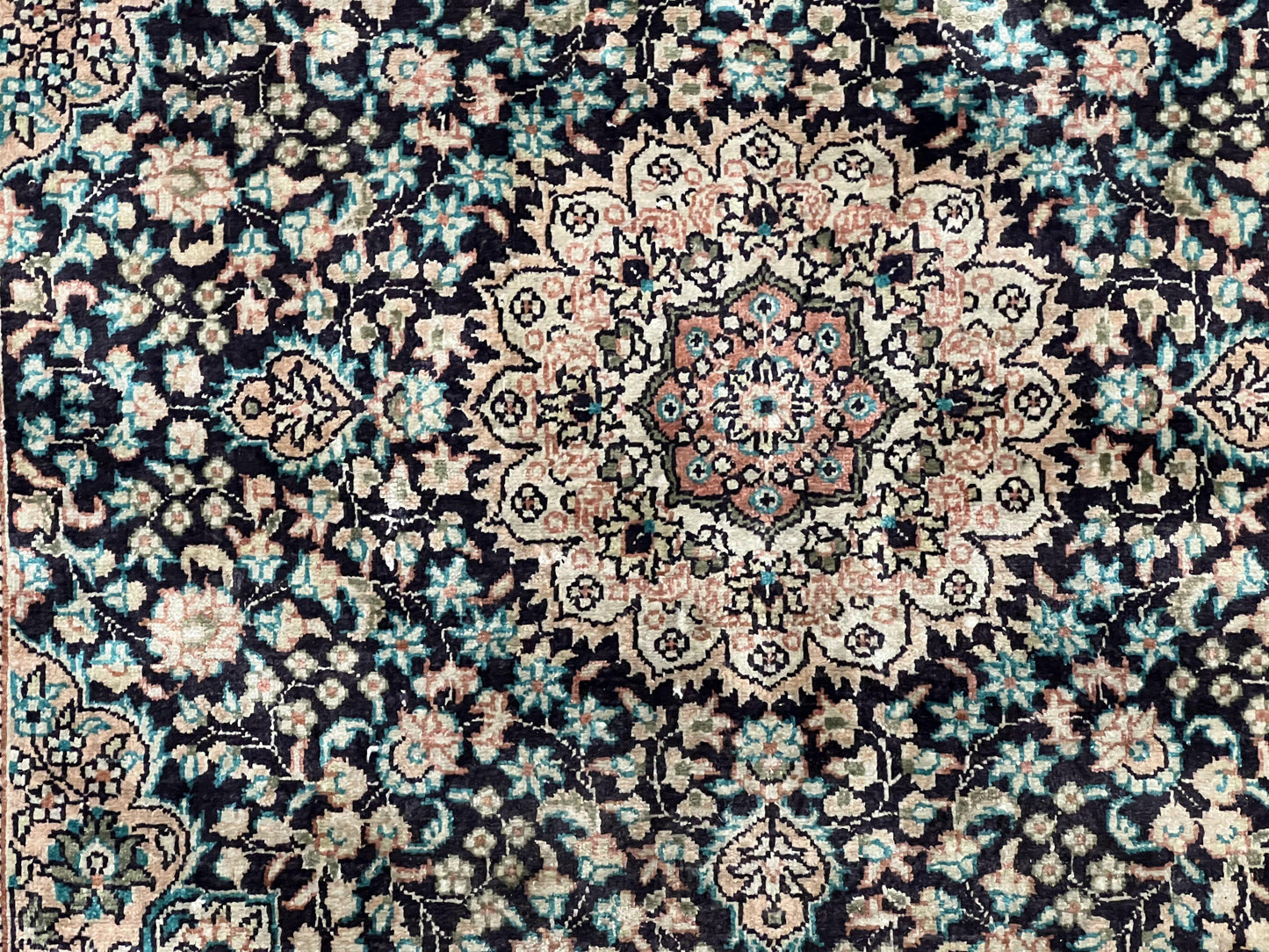Sino Persian Silk Rug 2x2 ft, Very Fine High KPSI Small Silk Oriental Carpet, Hand-Knotted, Medallion, Vintage Silk Rug, Black Ivory/Cream - Nuvé