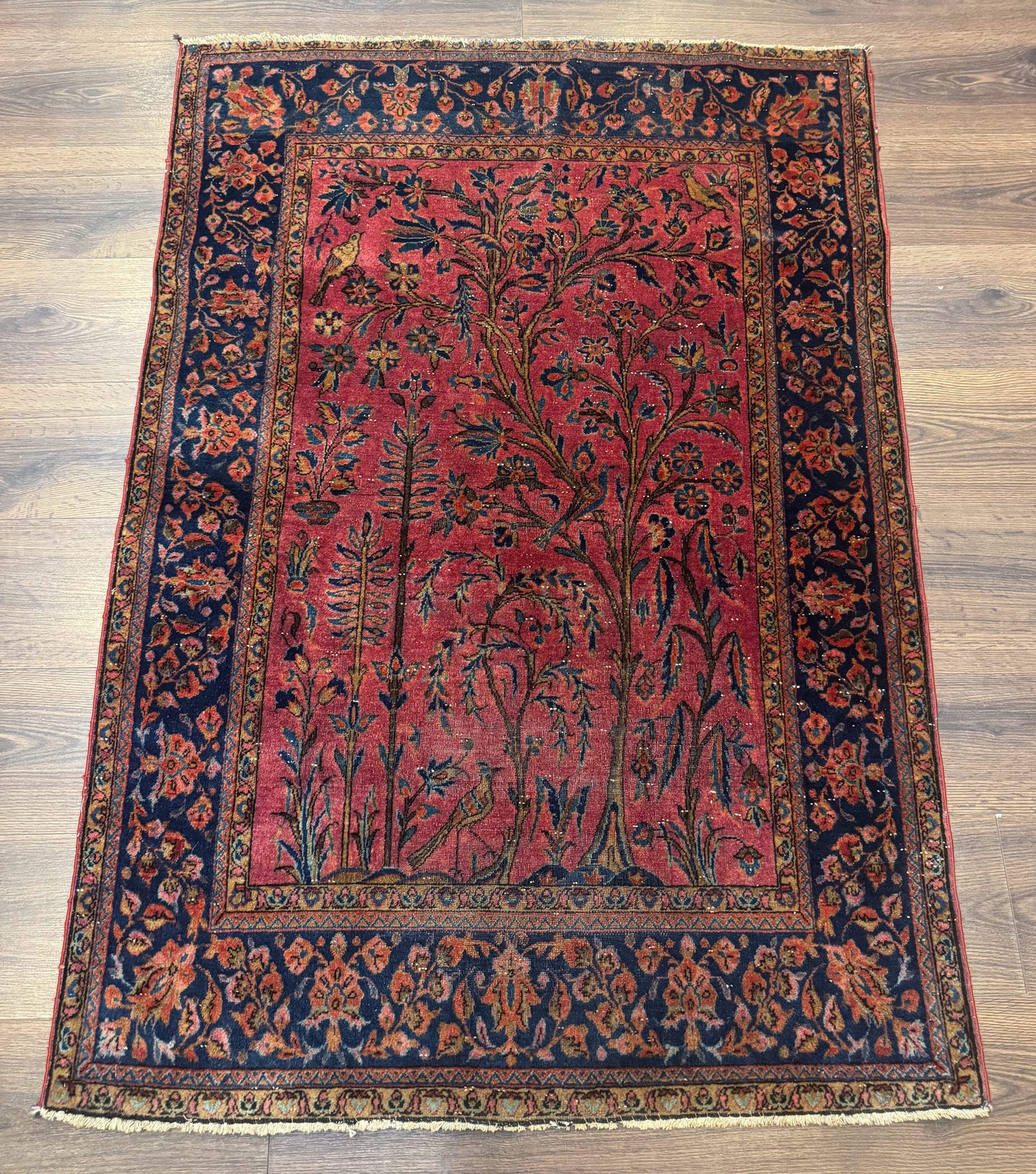 Antique Persian Tree of Life Rug 3x5, Manchester Wool, Bird Pictorials, Fine 240 KPSI, Red Navy Blue - Nuvé
