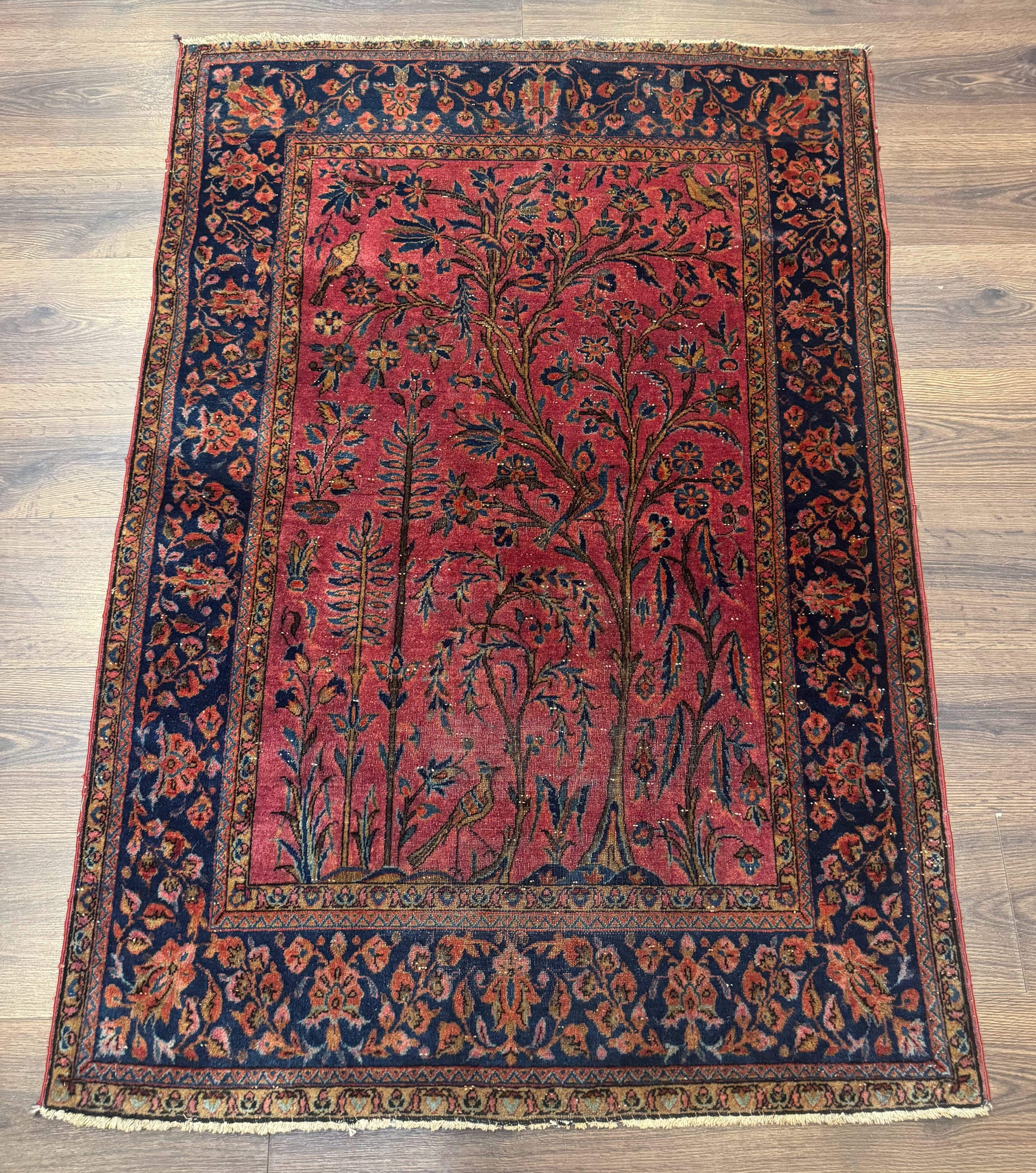 Antique Persian Tree of Life Rug 3x5, Manchester Wool, Bird Pictorials, Fine 240 KPSI, Red Navy Blue - Nuvé