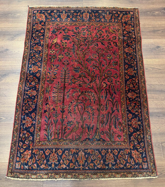 Antique Persian Tree of Life Rug 3x5, Manchester Wool, Bird Pictorials, Fine 240 KPSI, Red Navy Blue - Nuvé
