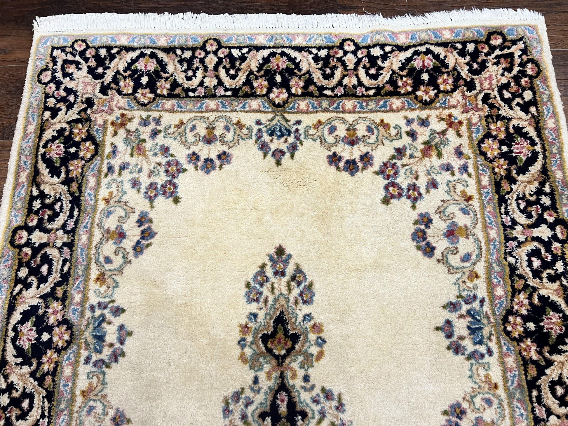 Persian Kirman Rug 4x7, Wool Hand Knotted Antique Carpet, Beige, Semi Open Field Medallion Rug, Traditional Handmade Oriental Rug - Nuvé