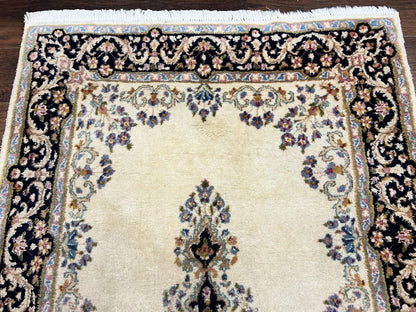 Persian Kirman Rug 4x7, Wool Hand Knotted Antique Carpet, Beige, Semi Open Field Medallion Rug, Traditional Handmade Oriental Rug - Nuvé