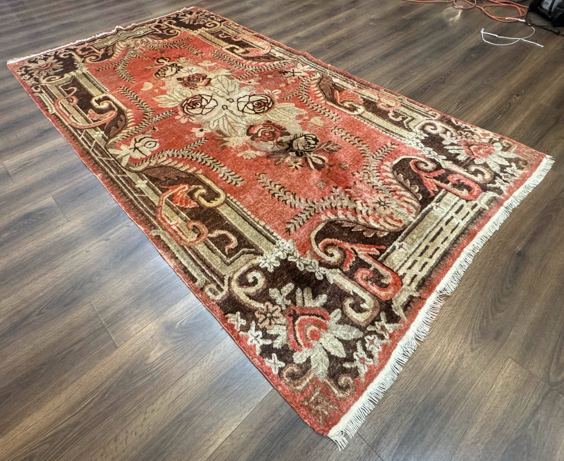Khotan Rug 5x9, Terracotta and Brown, Floral, Chinese Wool Carpet, Antique Rug - Nuvé