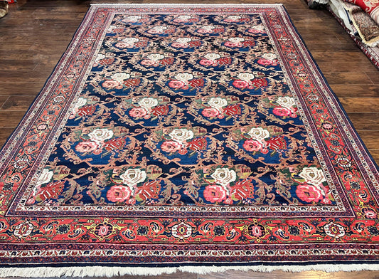 Persian Bidjar Rug 8x11, Floral Bouquets, Blue Black Red Pink, Handmade Hand Knotted Vintage Semi Antique Oriental Carpet - Nuvé