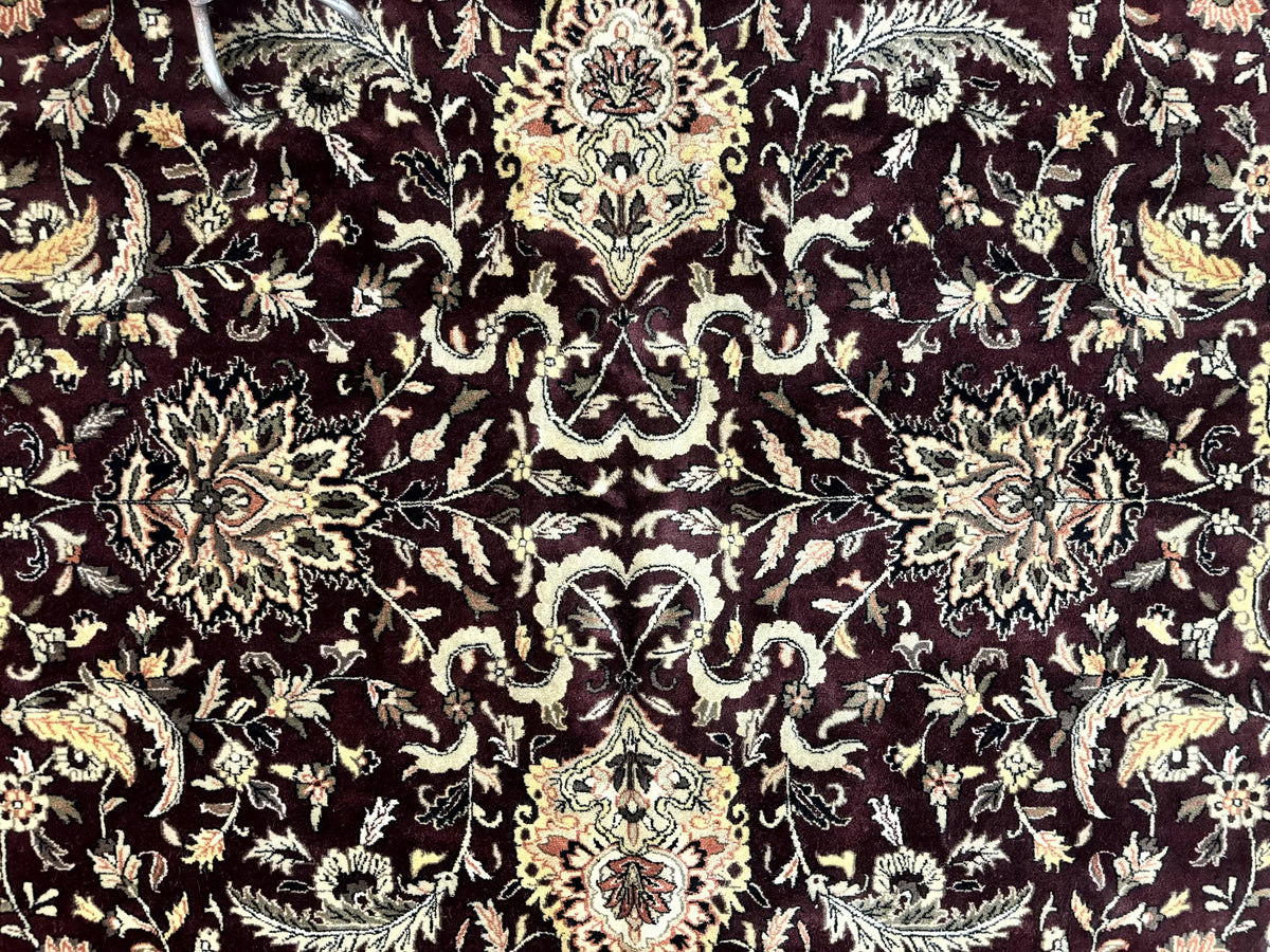 Indo Persian Rug 10x14, Floral Allover, Handmade Vintage Wool Rug, Dark Maroon/Plum and Black