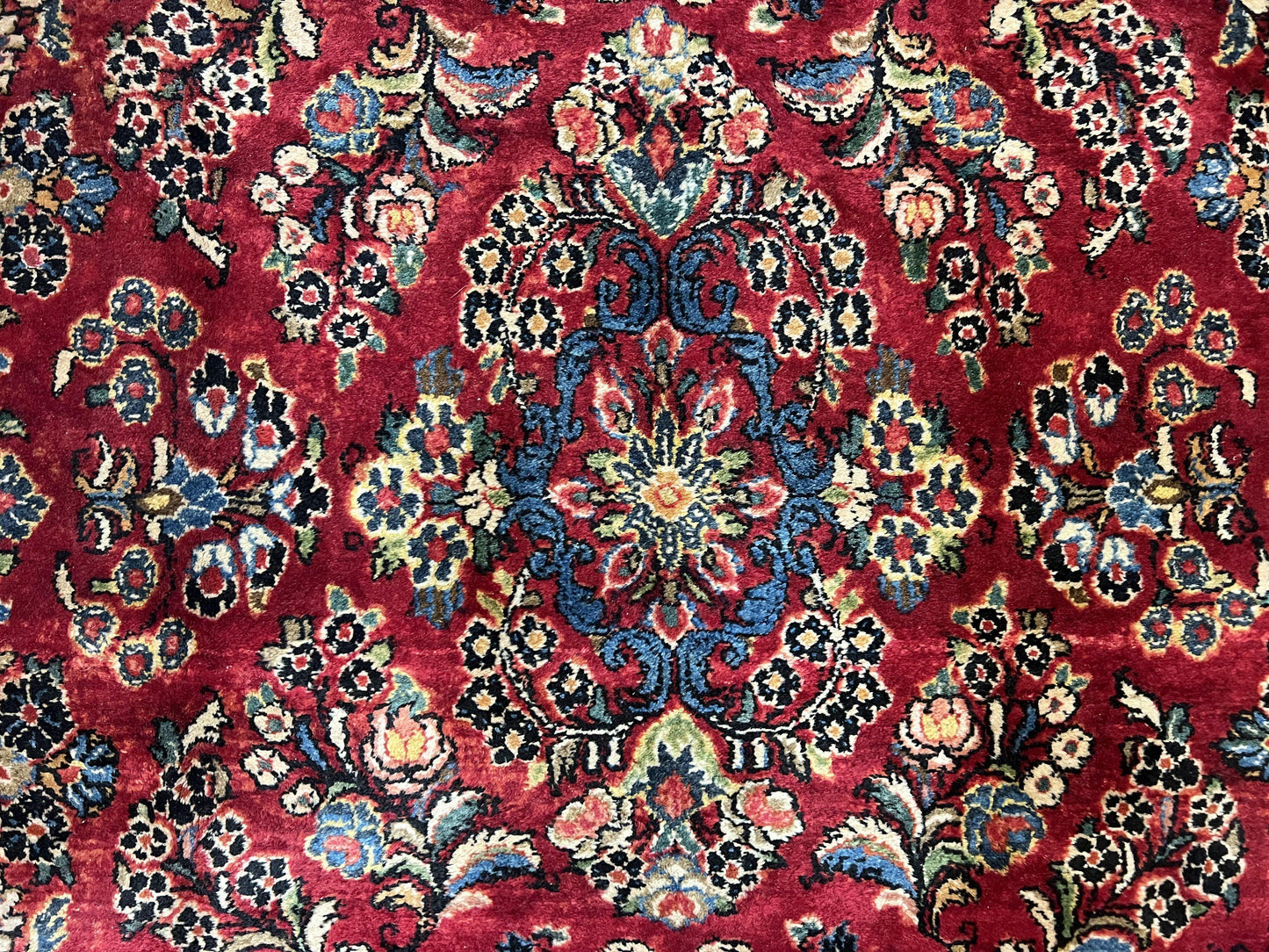 Rare Persian Almost Square Rug 6.3 x 5.3, Hand Knotted Wool Antique 1920s Sarouk Oriental Carpet, Red Navy Blue Beige, Floral Allover, 5x6 Area Rug - Nuvé
