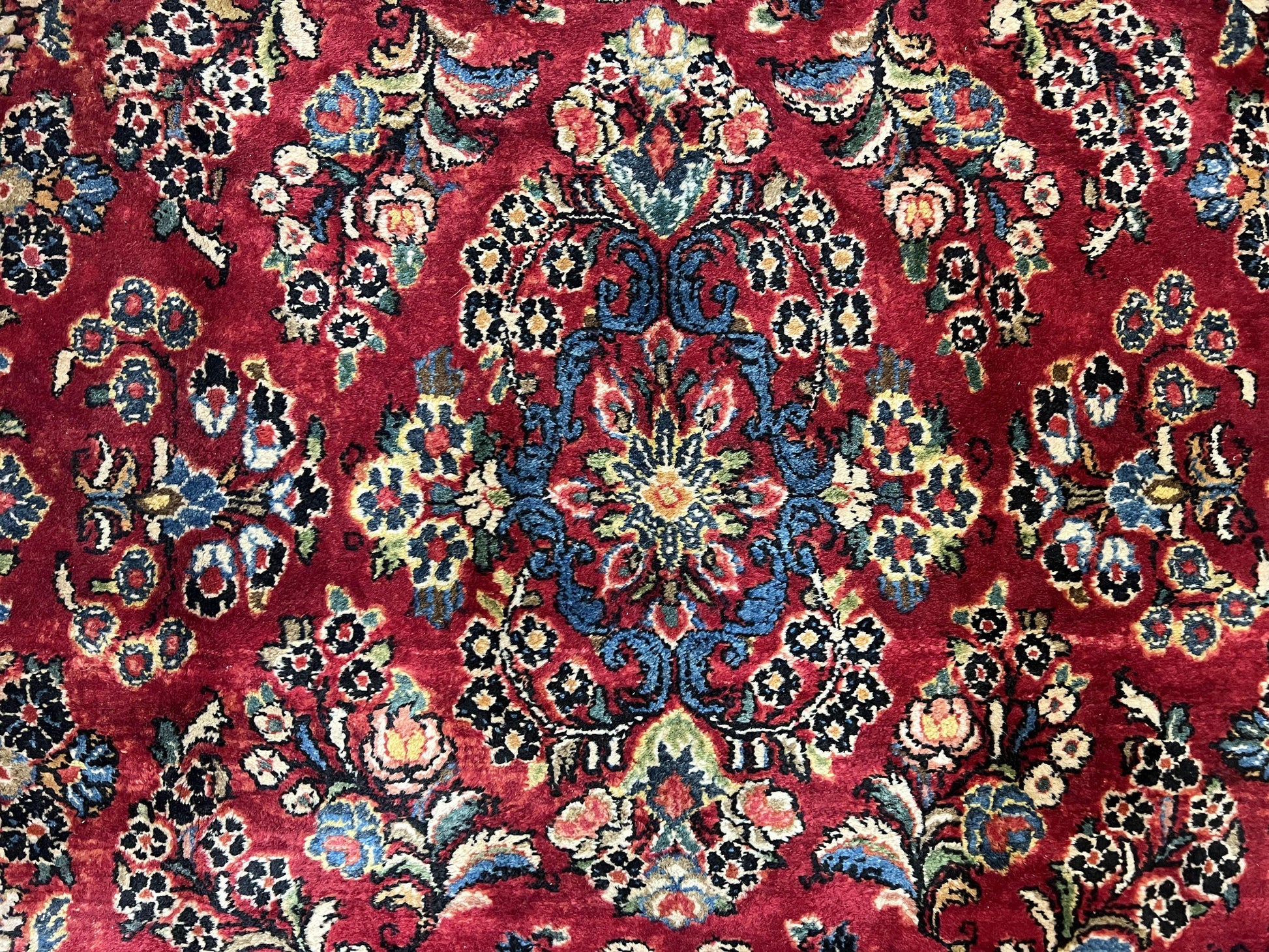 Rare Persian Almost Square Rug 6.3 x 5.3, Hand Knotted Wool Antique 1920s Sarouk Oriental Carpet, Red Navy Blue Beige, Floral Allover, 5x6 Area Rug - Nuvé