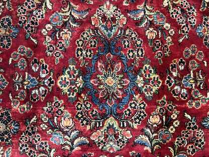 Rare Persian Almost Square Rug 6.3 x 5.3, Hand Knotted Wool Antique 1920s Sarouk Oriental Carpet, Red Navy Blue Beige, Floral Allover, 5x6 Area Rug - Nuvé
