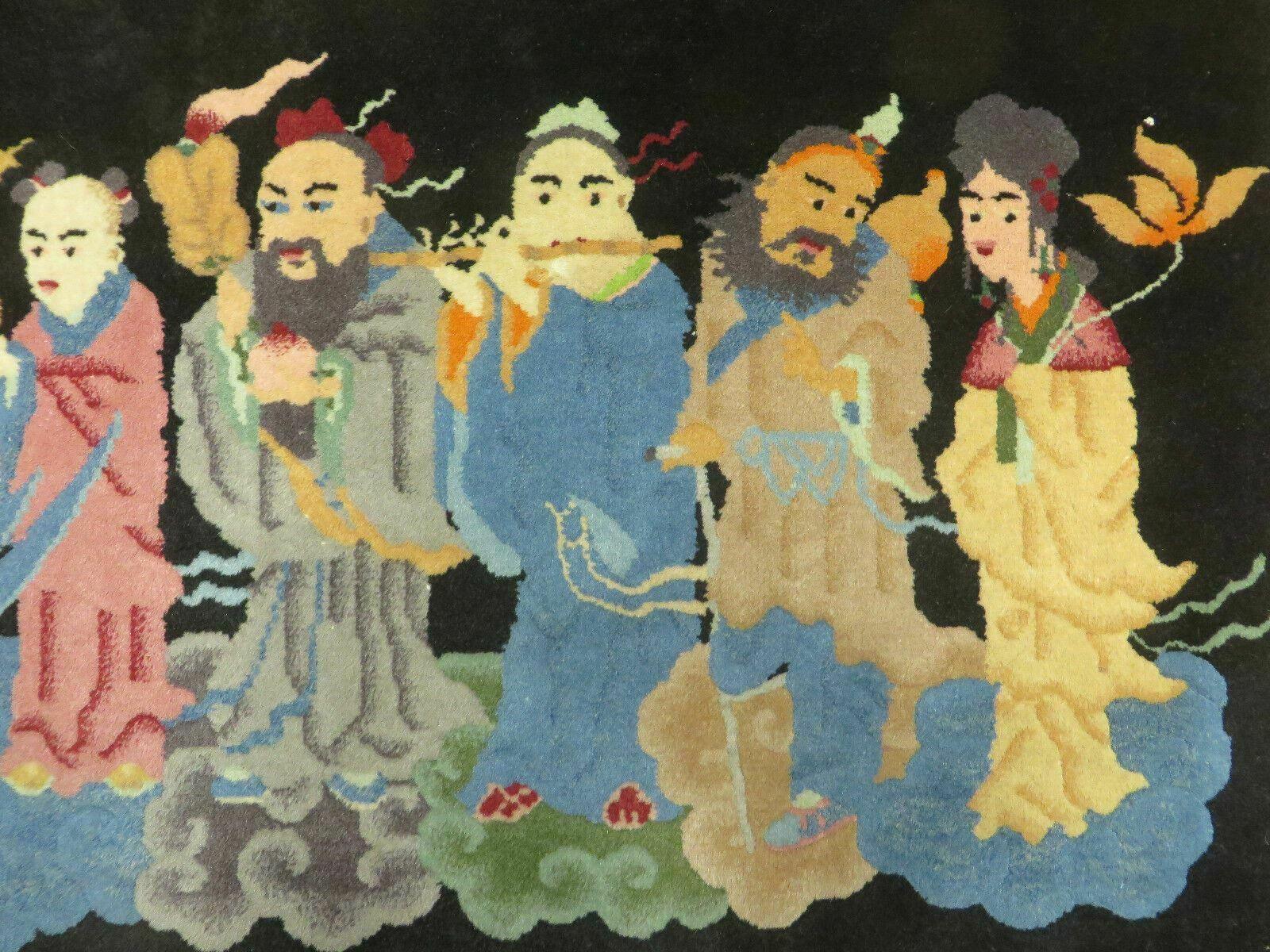 Chinese Wool Pictorial Rug 3x6 Counsel of Wise Elders Philosophers, Vintage Hand Knotted Black Chinese Carpet, Swan, Clouds Confucius, Rare - Nuvé