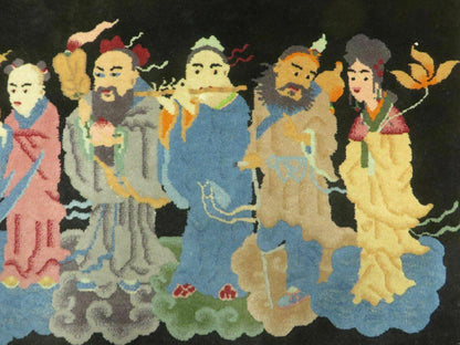 Chinese Wool Pictorial Rug 3x6 Counsel of Wise Elders Philosophers, Vintage Hand Knotted Black Chinese Carpet, Swan, Clouds Confucius, Rare - Nuvé