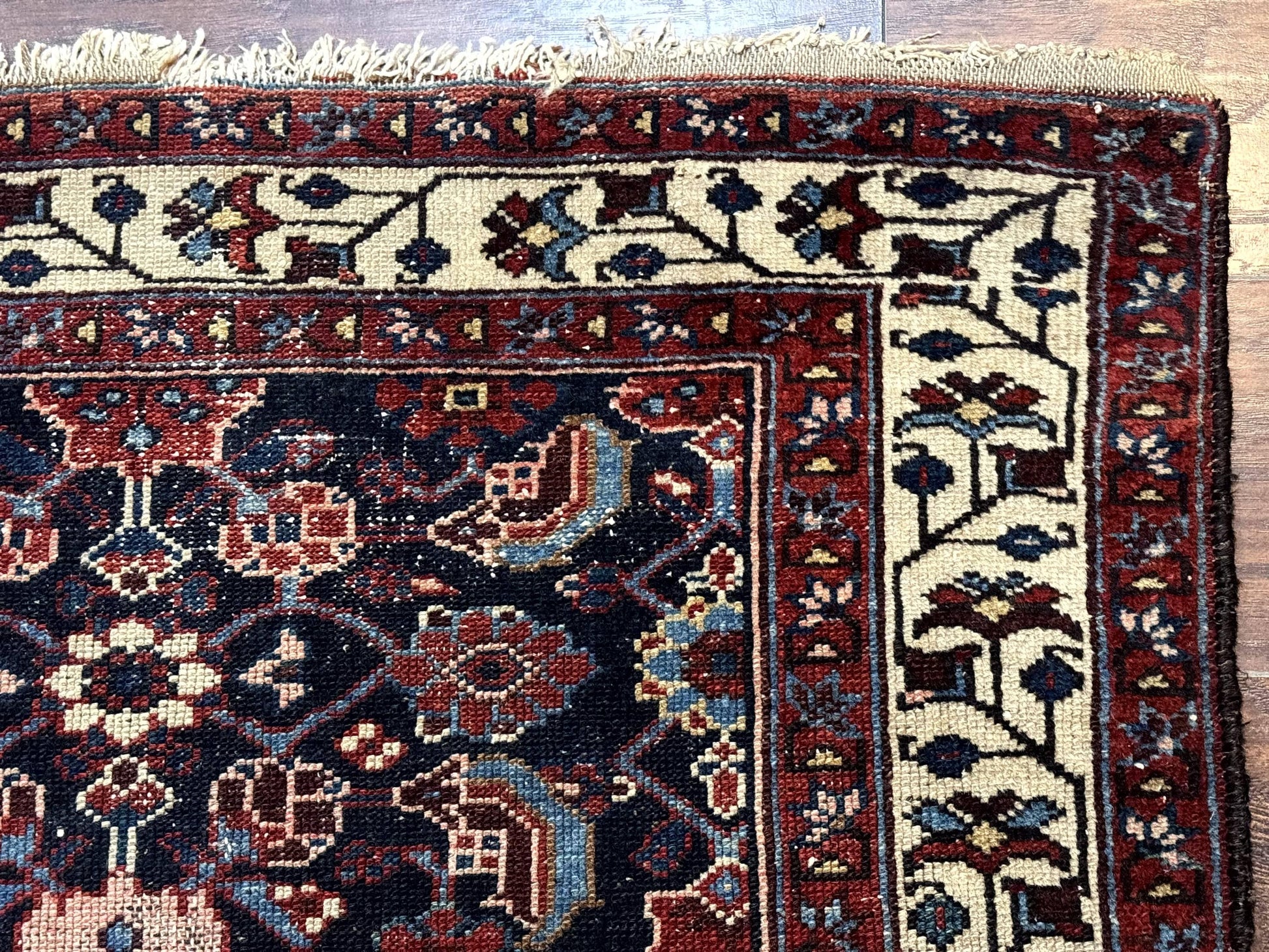 Navy Blue Antique Persian Rug 3x6, Blue and Ivory Persian Carpet, Handmade 1920s Hamadan Rug - Nuvé