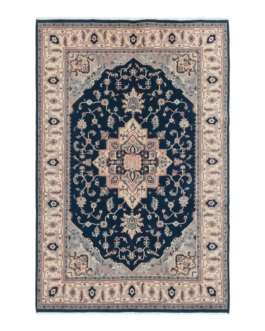 Karastan Rug Navy Serapi, Kara Shah Rug, Navy Blue, 5.6 x 8.6, Vintage Karastan Area Rug, Wool Pile Karastan Rug