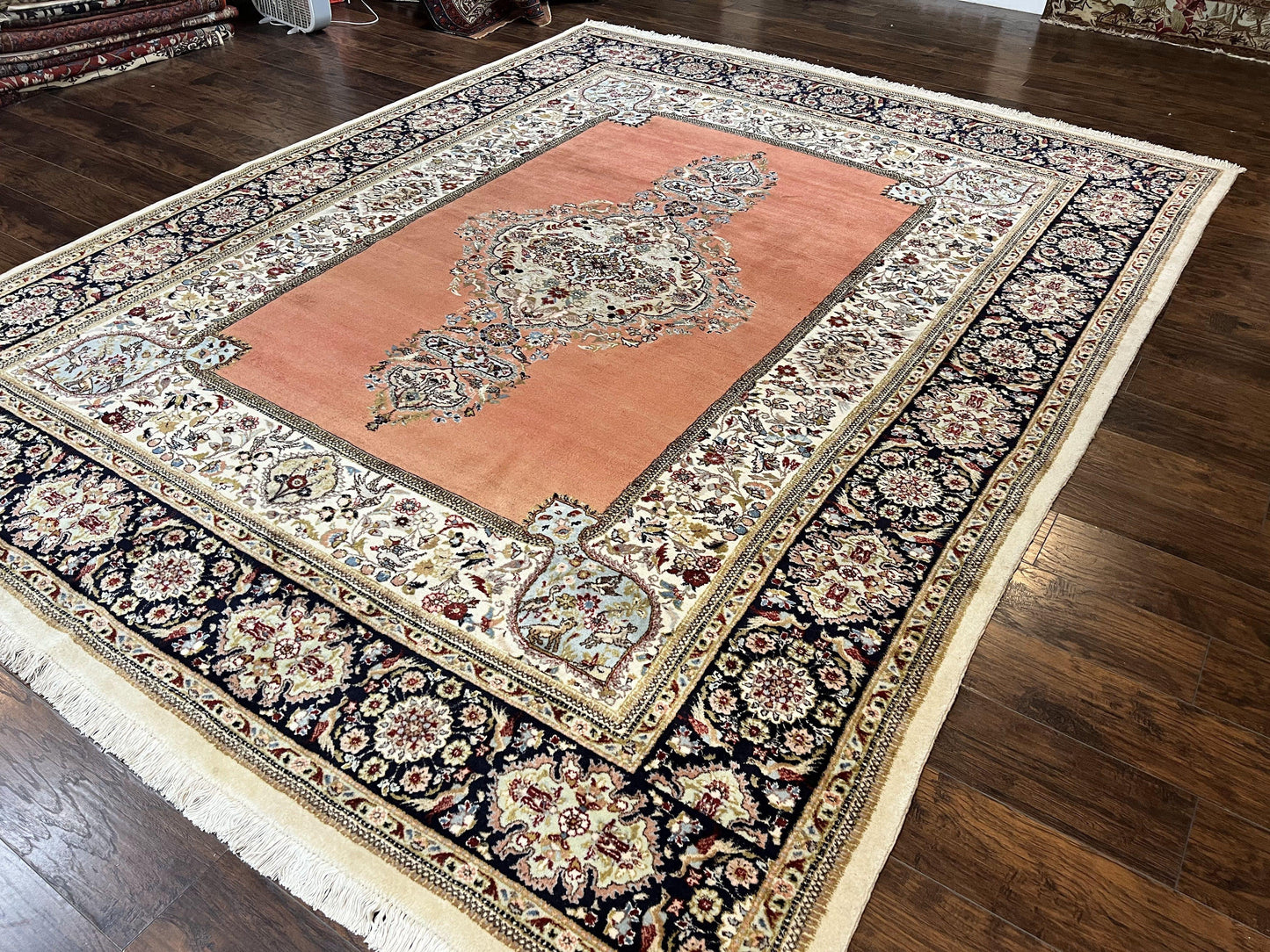 Persian Tabriz Rug 10x13, Wool Hand Knotted Vintage Carpet, Salmon Red & Ivory, Semi Open Field, Birds & Animal Motifs, Large Rug - Nuvé