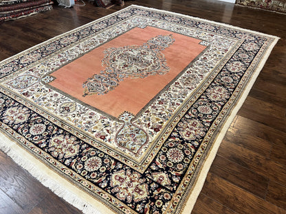 Persian Tabriz Rug 10x13, Wool Hand Knotted Vintage Carpet, Salmon Red & Ivory, Semi Open Field, Birds & Animal Motifs, Large Rug - Nuvé