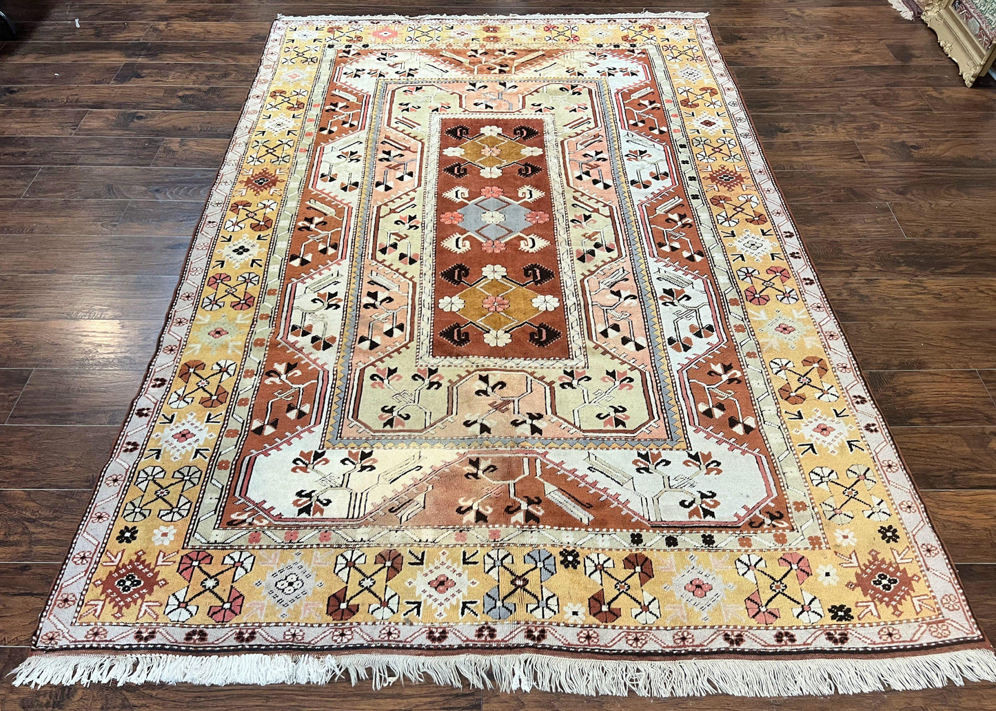 Turkish Rug 7x10, Wool Hand Knotted Vintage Carpet, Geometric Kazak Pattern - Nuvé