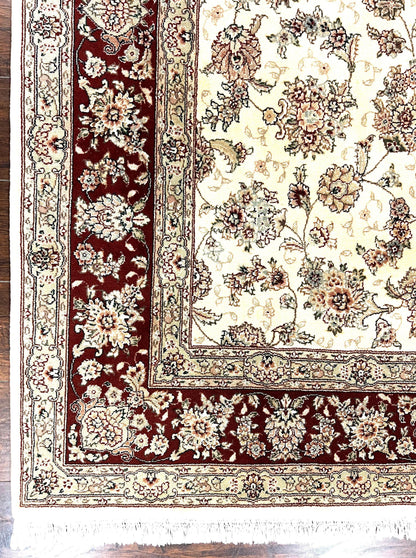 Pak Persian Rug 6x9, Floral Allover Carpet 6 x 9 ft, Cream and Maroon Hand Knotted Wool and Silk Fine Oriental Rug, Traditional Vintage Rug - Nuvé