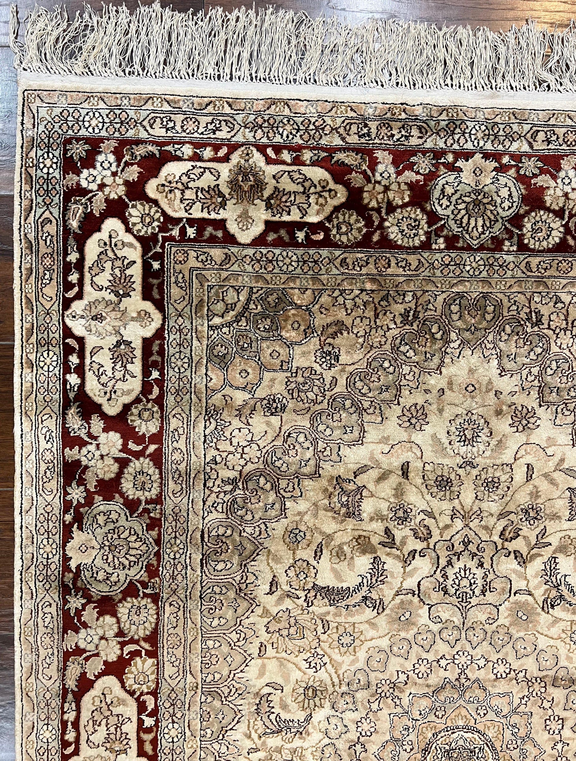 Silk Indian Kashmiri Rug 4x6 ft, Floral Medallion Hand Knotted Handmade Oriental Carpet, Vintage, Cream Burgundy, Very Fine Silk Rug 4 x 6 - Nuvé