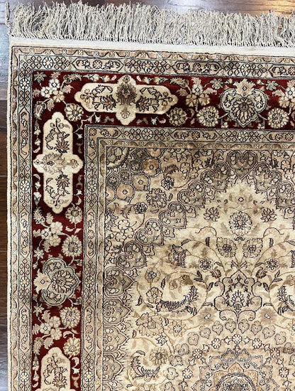 Silk Indian Kashmiri Rug 4x6 ft, Floral Medallion Hand Knotted Handmade Oriental Carpet, Vintage, Cream Burgundy, Very Fine Silk Rug 4 x 6 - Nuvé