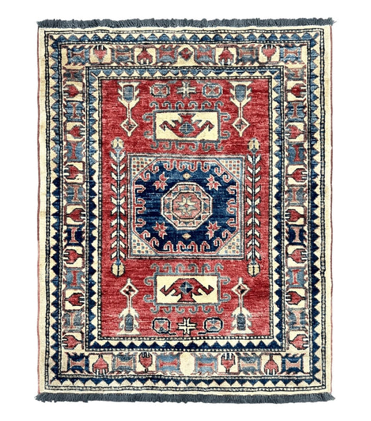 Turkish Kazak Rug 3x4, Wool Hand Knotted Small Vintage Carpet, Red Navy Blue, 3 x 4 Oriental Rug, Geometric Design