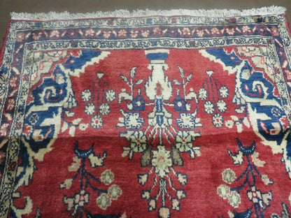 Persian Runner Rug 3 x 12, Antique Wool Oriental Runner, Floral Vases, Red & Navy Blue - Nuvé
