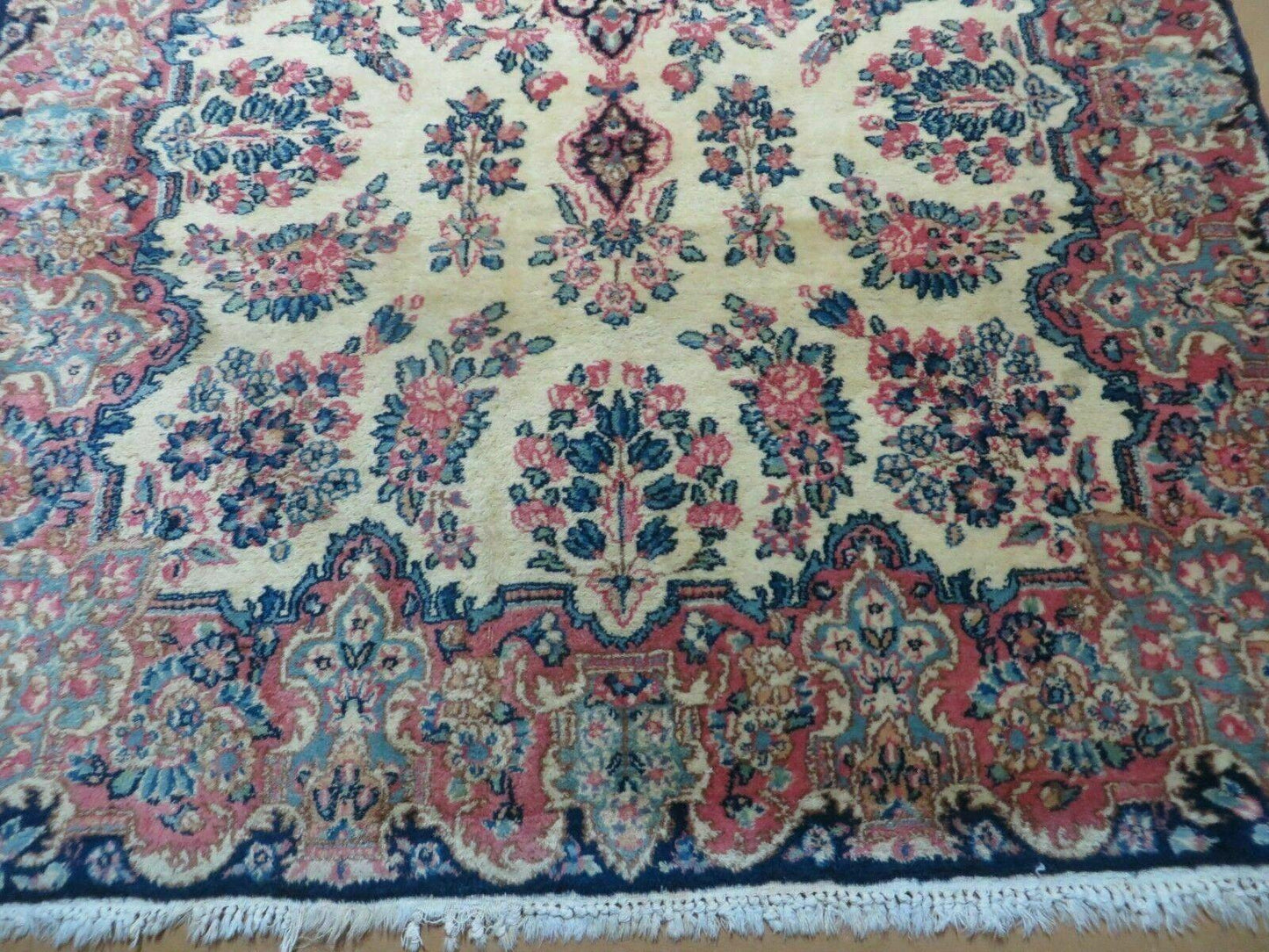Antique Persian Kirman Rug 3.9 x 6.6, Floral Oriental Carpet, Ivory/Cream - Blue - Pink, Hand Knotted Wool Rug, Floral Medallion Rug 4x6 - Nuvé