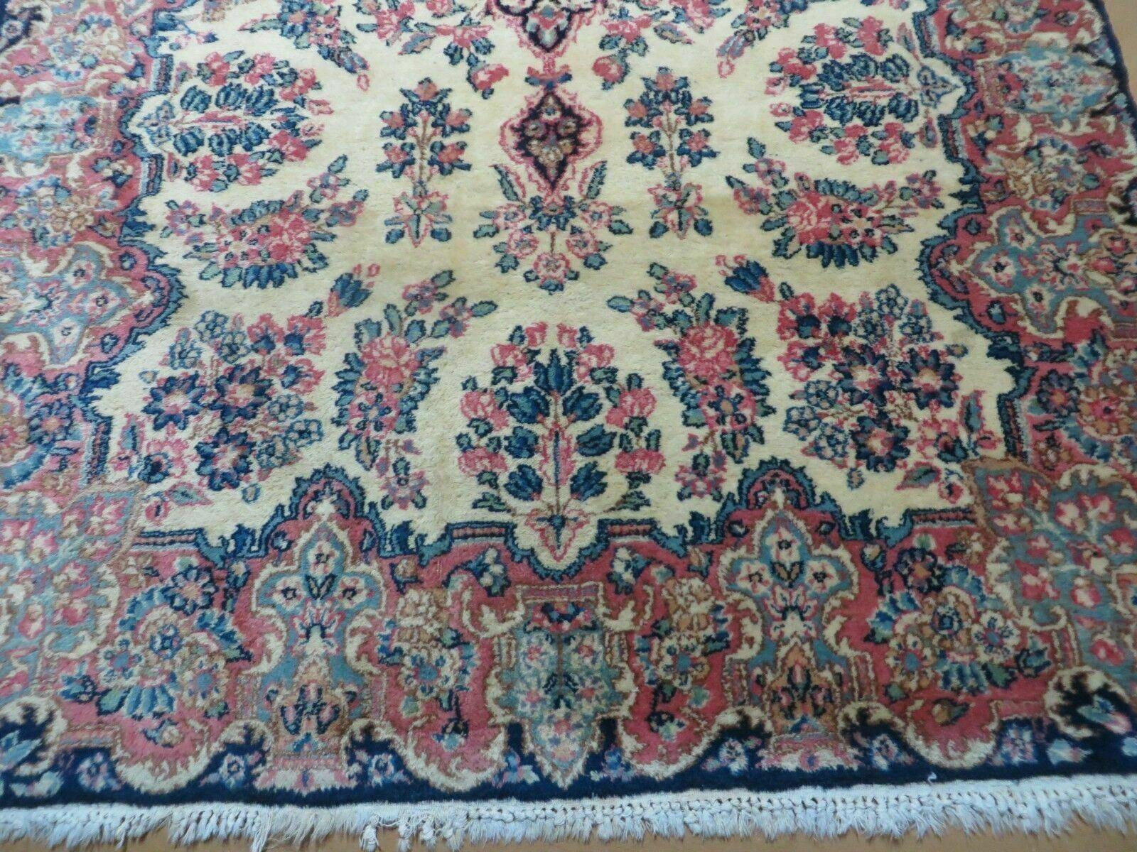 Antique Persian Kirman Rug 3.9 x 6.6, Floral Oriental Carpet, Ivory/Cream - Blue - Pink, Hand Knotted Wool Rug, Floral Medallion Rug 4x6 - Nuvé