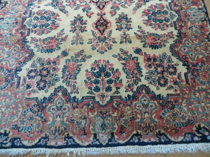 Antique Persian Kirman Rug 3.9 x 6.6, Floral Oriental Carpet, Ivory/Cream - Blue - Pink, Hand Knotted Wool Rug, Floral Medallion Rug 4x6 - Nuvé