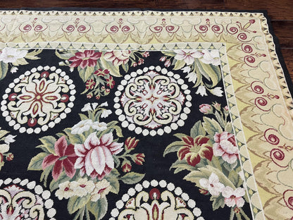 9x12 Black Needlepoint Rug, European Floral Panel Design, Handwoven, Vintage Chinese Needlepoint, Black Green Beige, Wool Rug 9 x 12 - Nuvé
