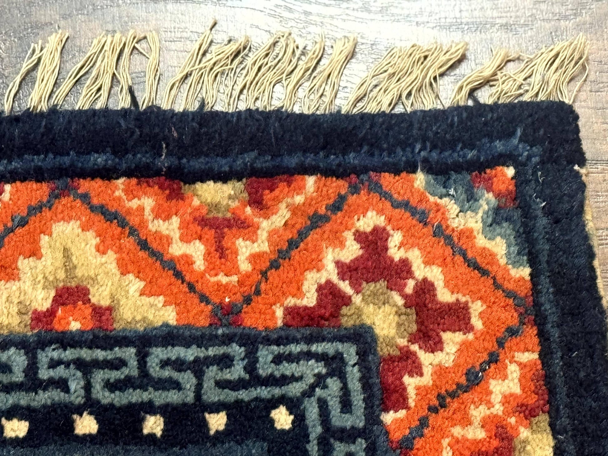 Small Antique Chinese Square Rug 2x3, Tibetan Rug, Red Orange Blue, 1920s Rug - Nuvé