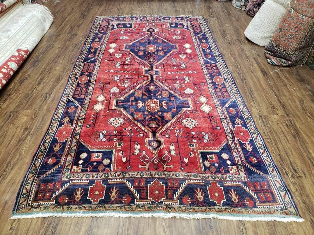 Antique Persian Zanjan Nahavand Heriz Rug, Red & Blue, Hand-Knotted, 5' x 9' 7" - Nuvé