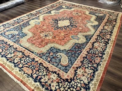 Antique Persian Sarouk Rug 9x12, Boteh Paisleys, Light Red Navy Blue - Nuvé