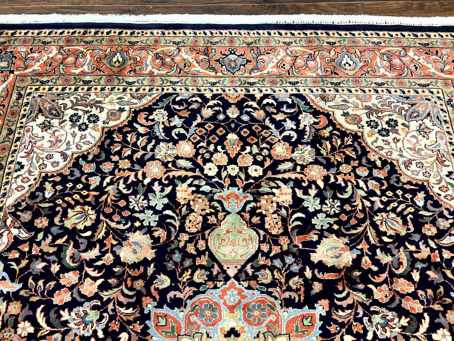Indo Persian Rug 8x10, Midnight Blue & Red, Handmade Vintage Wool Carpet, Floral Medallion - Nuvé