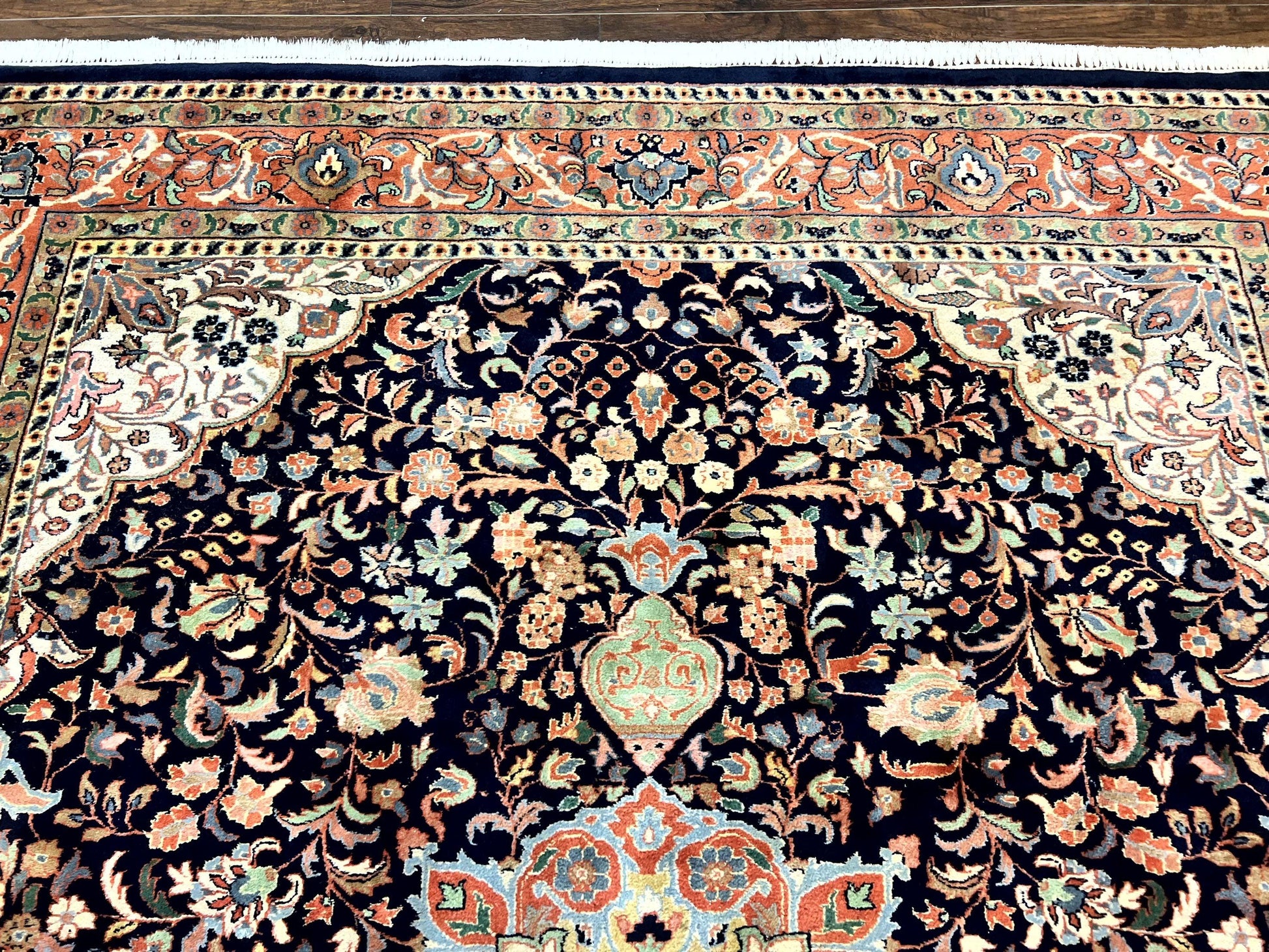 Indo Persian Rug 8x10, Midnight Blue & Red, Handmade Vintage Wool Carpet, Floral Medallion - Nuvé
