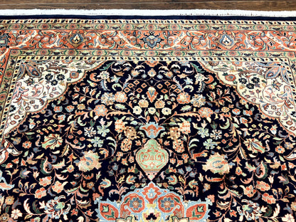 Indo Persian Rug 8x10, Midnight Blue & Red, Handmade Vintage Wool Carpet, Floral Medallion - Nuvé