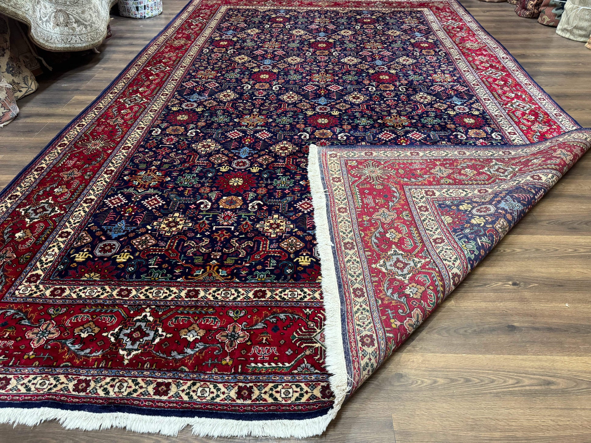 Large Persian Tabriz Rug 10x16, Navy Blue and Red, Allover Pattern, Vintage Hand Knotted Wool Carpet - Nuvé