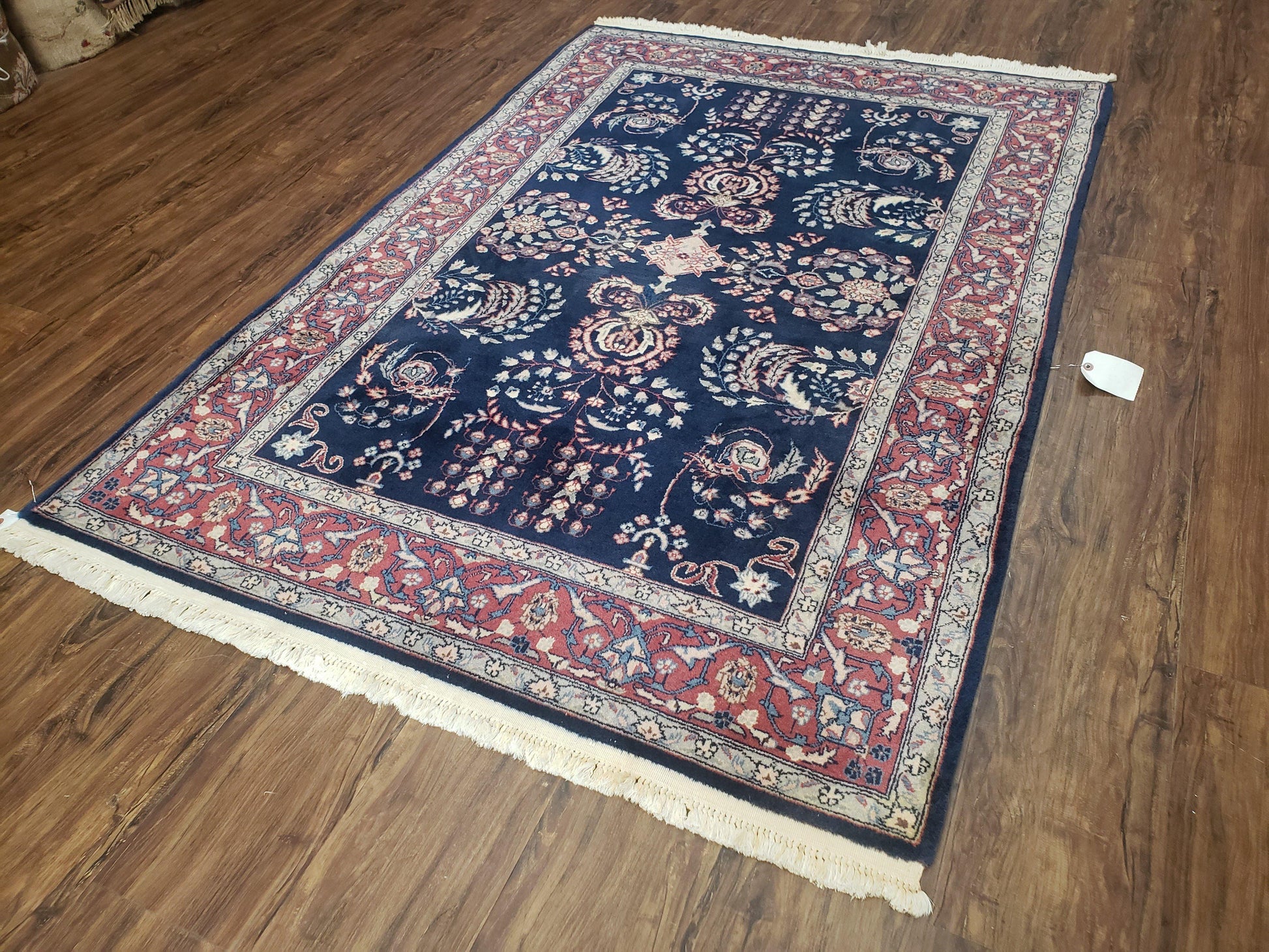 Dark Blue Indo Persian Rug 4x6, Medium Size Hand Knotted Oriental Carpet, Traditional Floral Indian Rug, Blue and Red Entryway Rug, Wool Rug - Nuvé