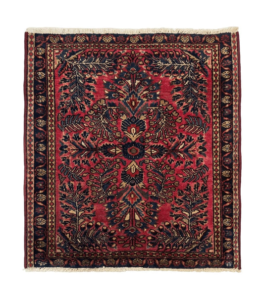 Small Antique Persian Sarouk Rug 2x2 ft, Red 1920s Wool Rug