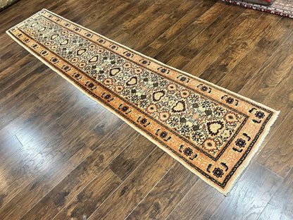 Romanian Runner Rug 2.6 x 12.9, Wool Handmade Hand Knotted Skinny Runner for Hallway, Floral Allover, Vintage Tan Runner - Nuvé