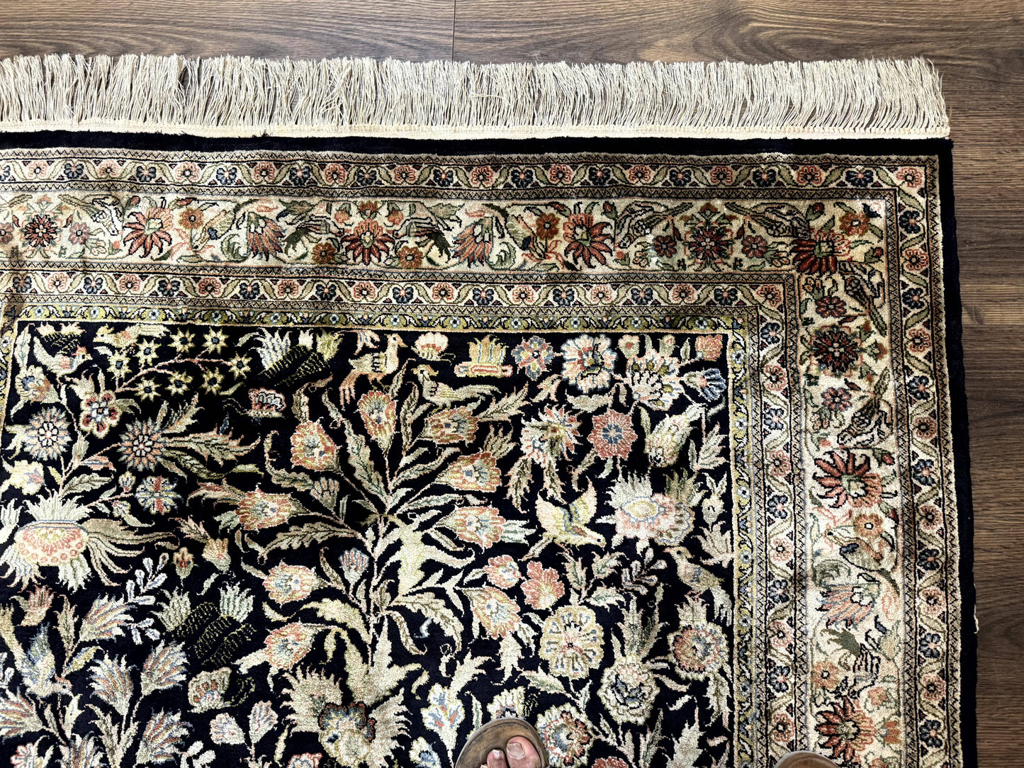 Silk Rug 4x6, Black and Cream, Floral & Bird Pictorials, Fine 330 KPSI, Sino Persian Rug - Nuvé