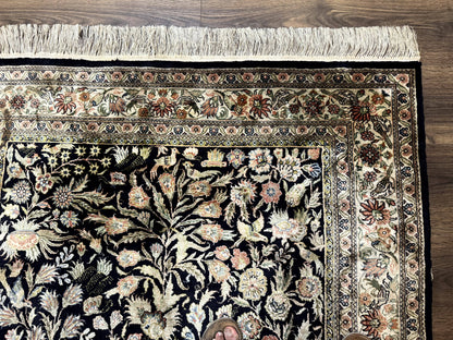 Silk Rug 4x6, Black and Cream, Floral & Bird Pictorials, Fine 330 KPSI, Sino Persian Rug - Nuvé