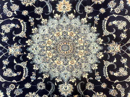 Persian Nain Rug 8x11, Navy Blue and Ivory, Handmade Wool Vintage Carpet, Floral Medallion - Nuvé