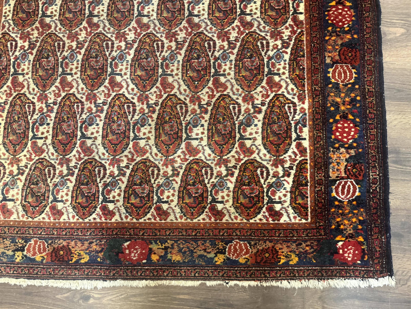 Antique Persian Kurdish Senneh Rug 4.6 x 6.5, Repeated Paisely Boteh Design, Handmade - Nuvé