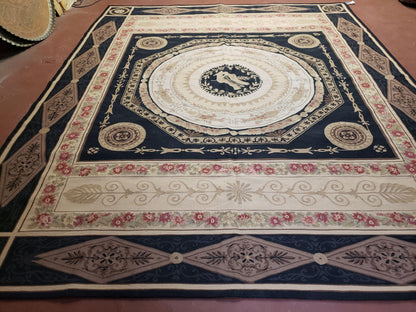 8x10 Woolen Needlepoint Rug Black European Savonnerie Carpet Circles Flat Weave Carpet Area Rug New Handmade Hand-Knotted Harp Flowers - Nuvé