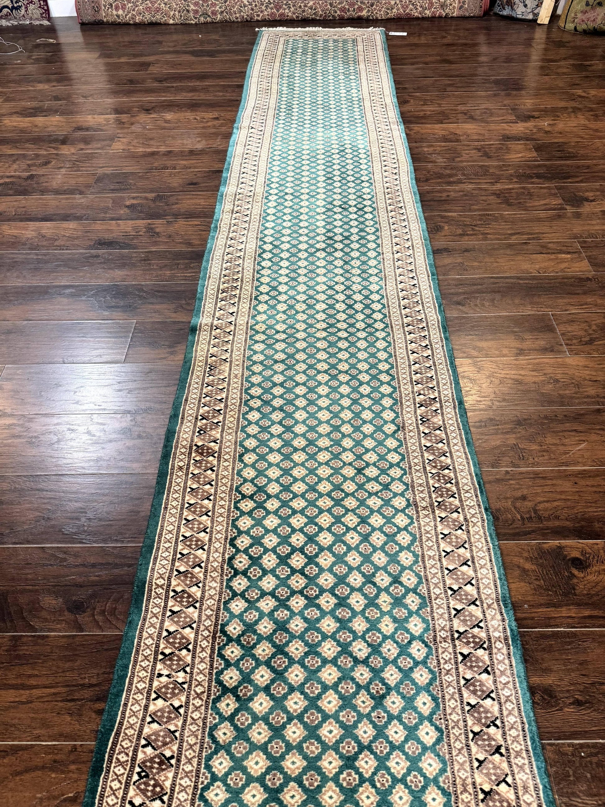 Long Pakistani Runner Rug 2.8 x 20, Hand Knotted Vintage Wool Hallway Rug, Turkoman Rug, Teal and Tan, Handmade Vintage Wool Runner - Nuvé